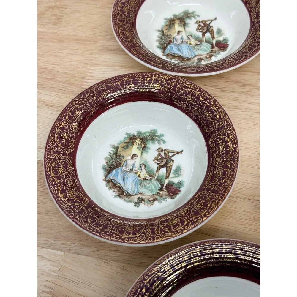 Sebring Pottery USA Courting Couple Burgundy Gold Filigree 6 In Bowls Set/5 #68